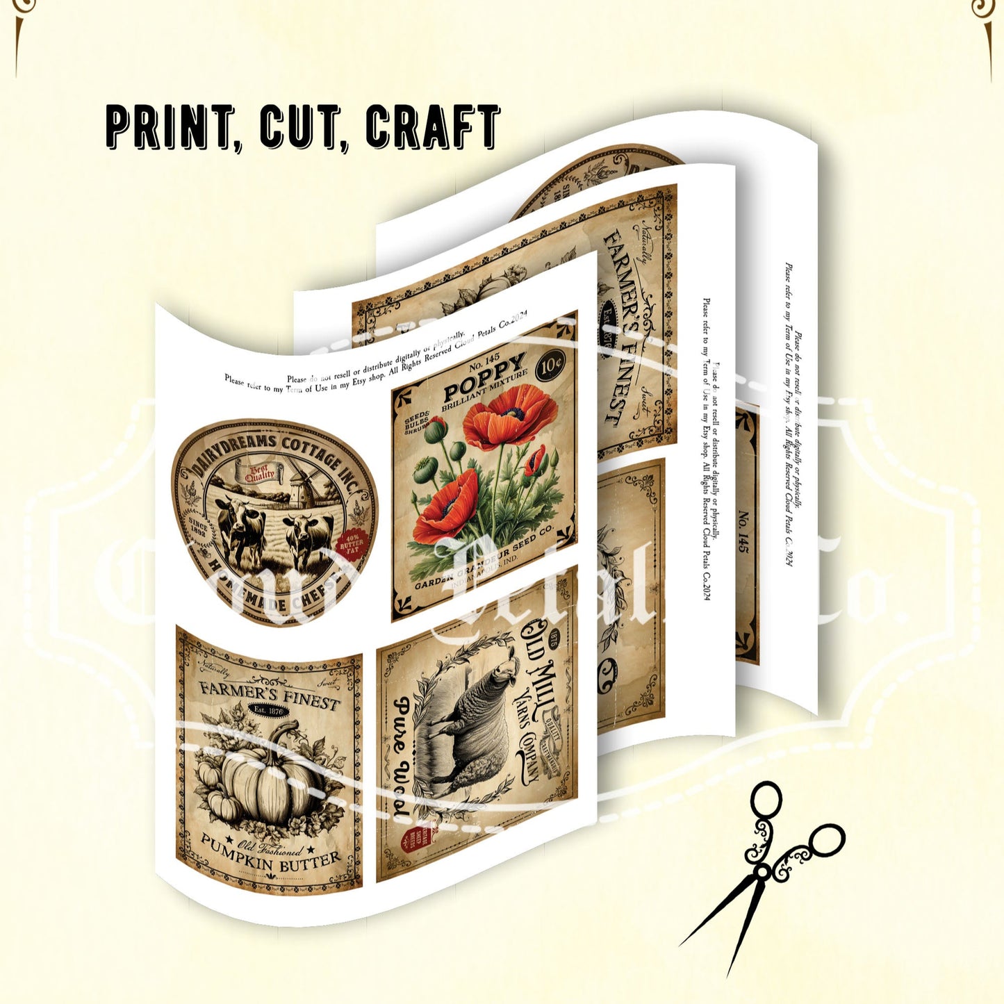 Vintage style pantry labels with a scissors icon on a beige background