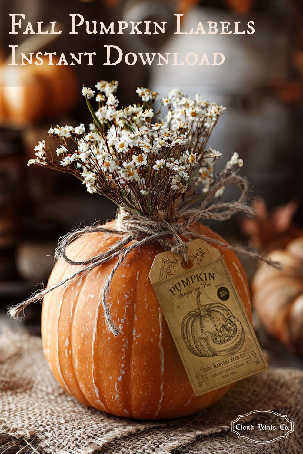 Decorative pumpkin with a tag and dried flowers on a rustic background, featuring text about fall pumpkin labels.