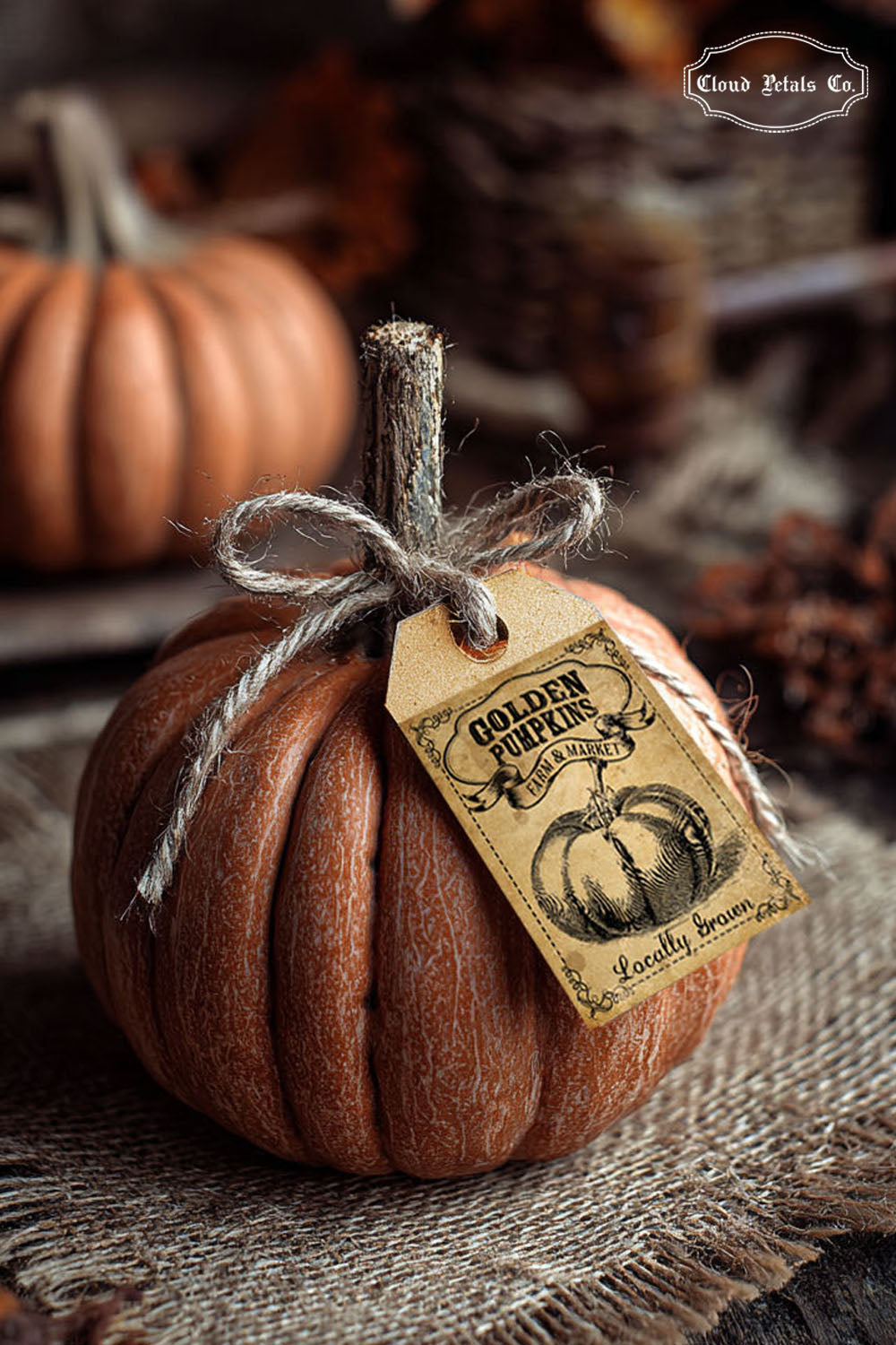 Small pumpkin with a Golden Pumpkin decorative tag on a rustic surface