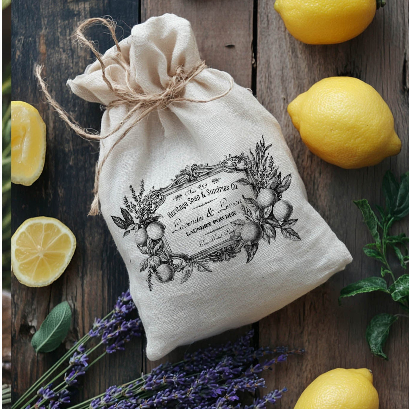 White drawstring bag with black text and graphics on a wooden surface with lemons and lavender.