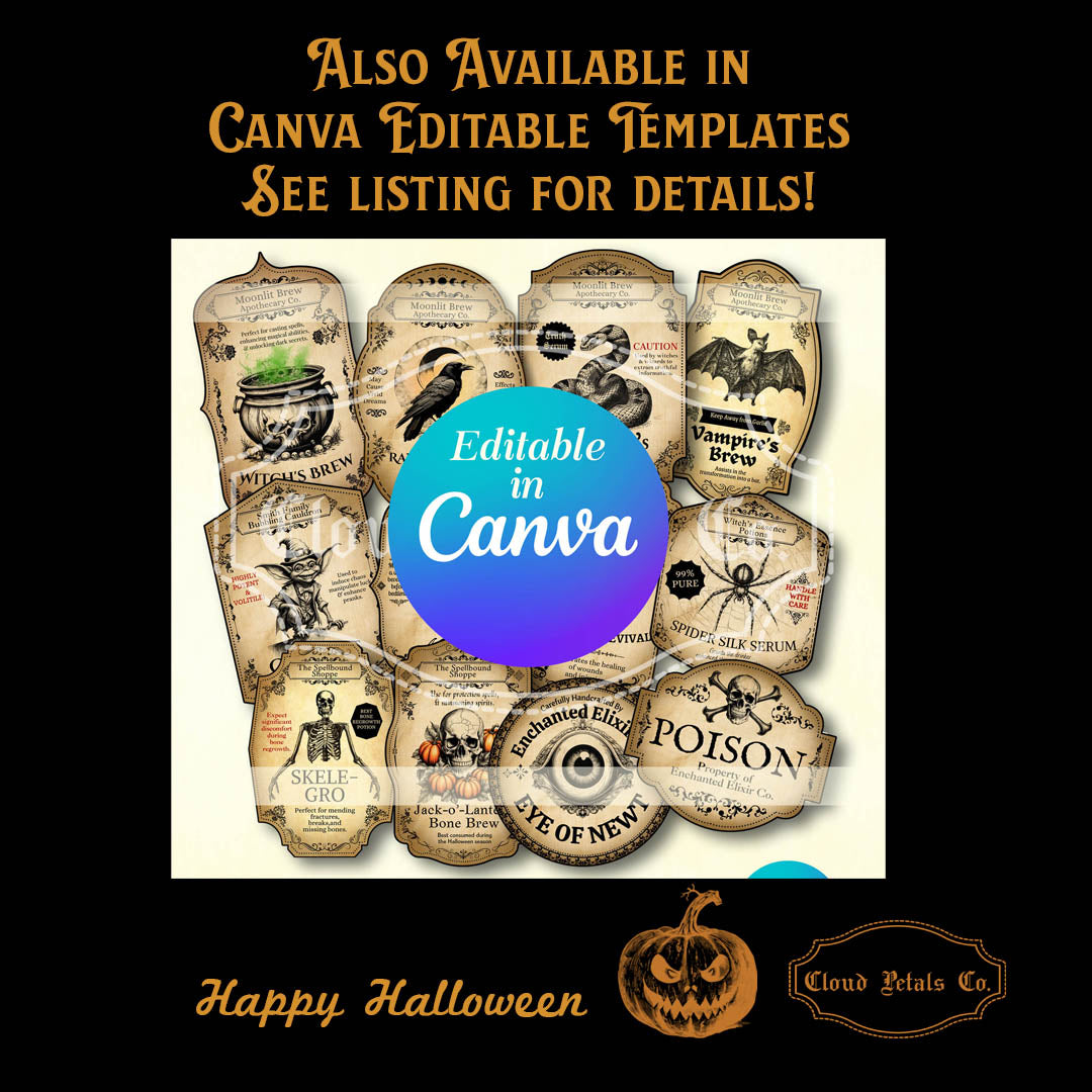 Witch’s Brew Potion Labels – Printable Vintage Halloween Set with Goblin, Skelegrow & More