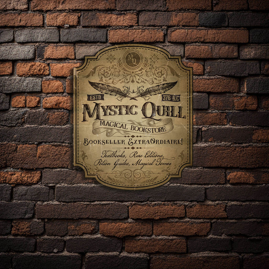 Vintage-style sign for 'Mystic Quill Magical Bookstore' on a brick wall.