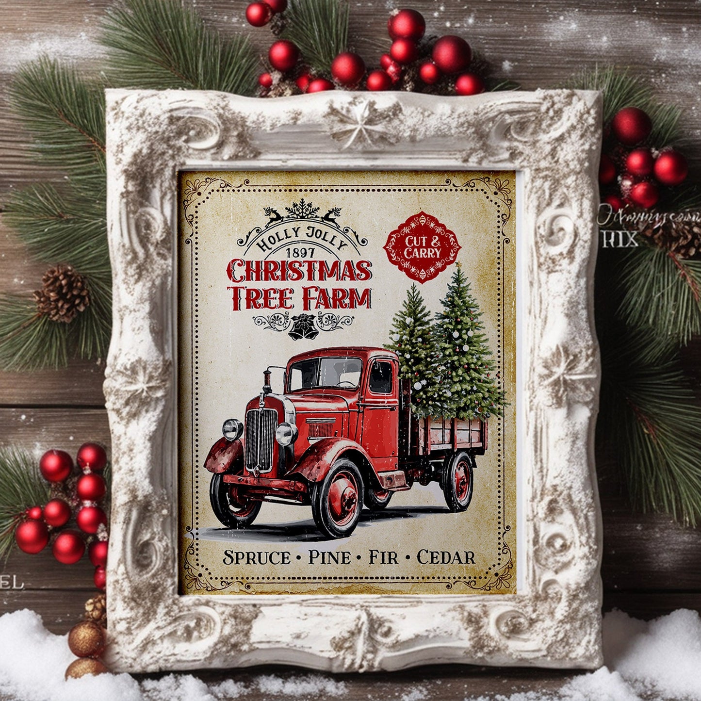 Vintage-style Christmas tree farm sign with a red truck and trees, framed in a decorative white border.
