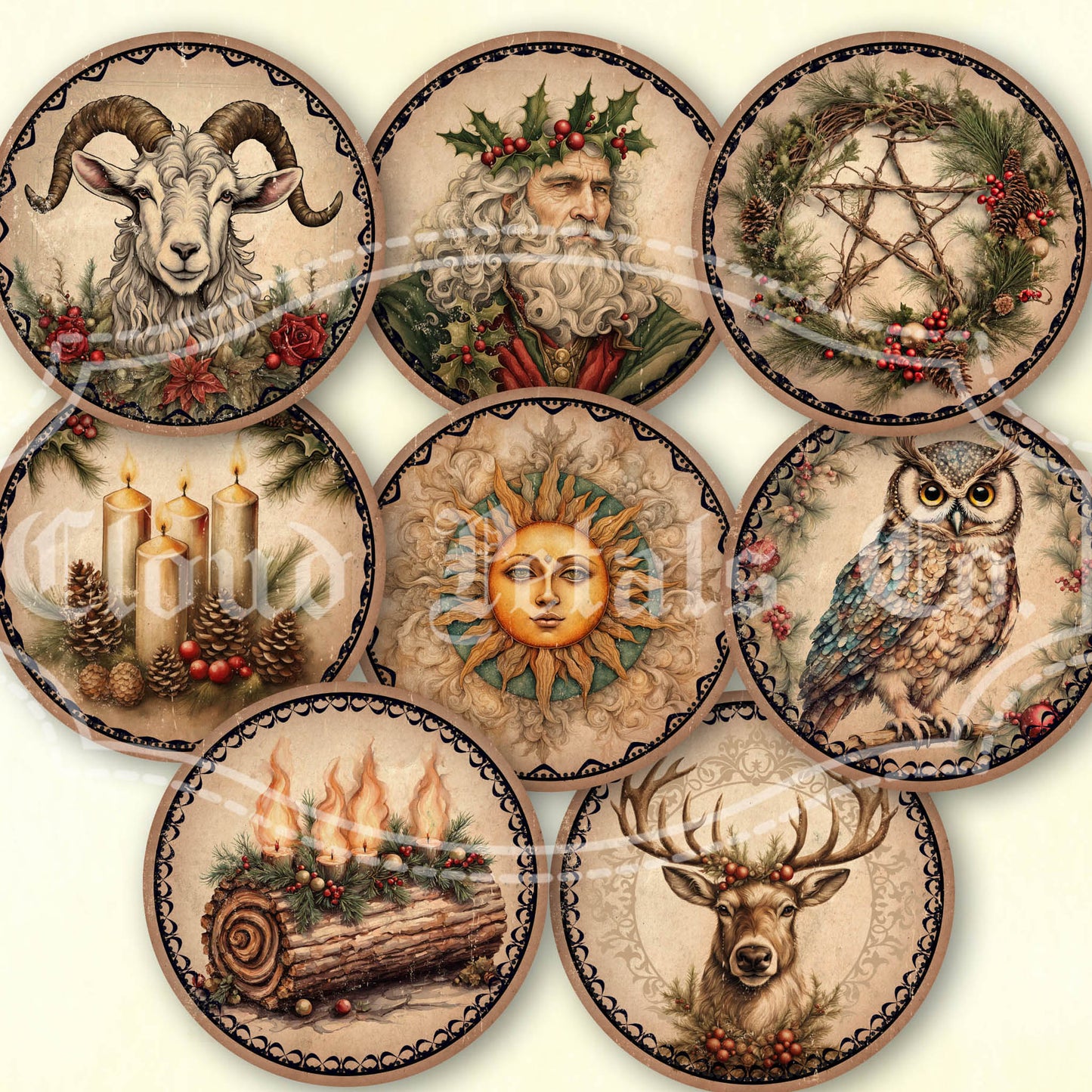 Set of circular designs featuring yule, winter solstice, pagan images on a beige background.
