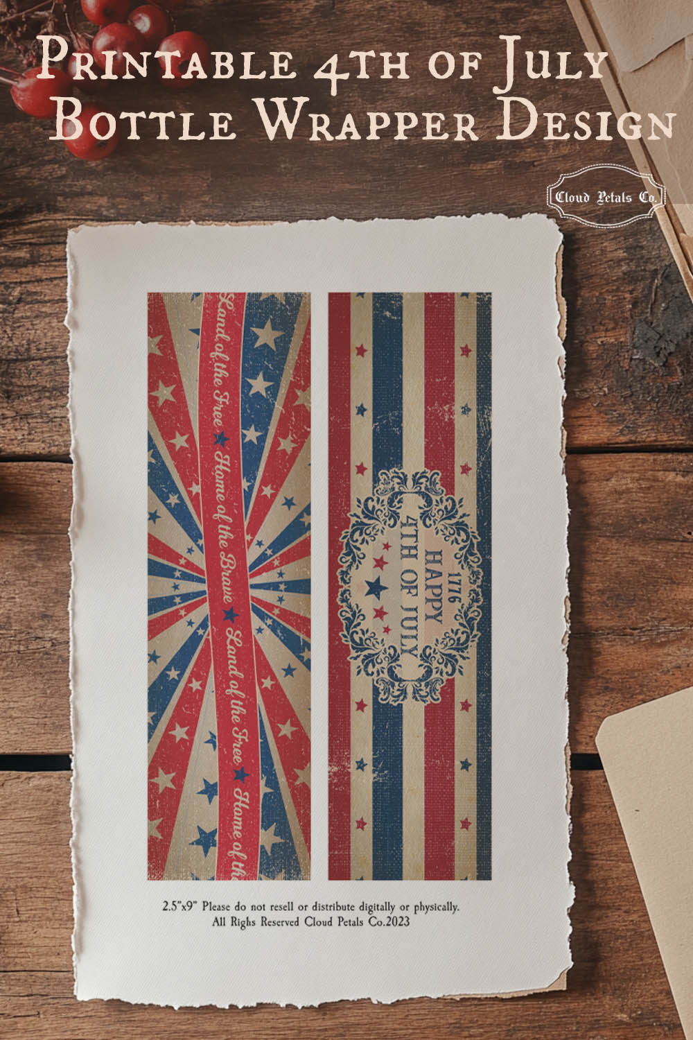 Printable 4th of July bottle wrapper design on a wooden surface