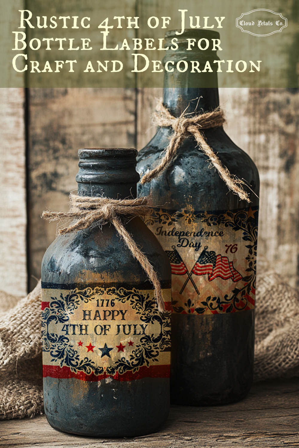 Two rustic bottles with July 4th labels on a wooden surface.