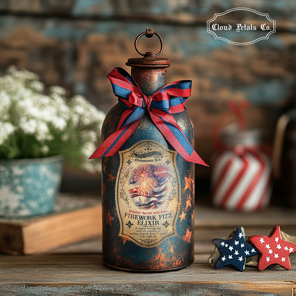4th of July apothecary label on rustic jar
