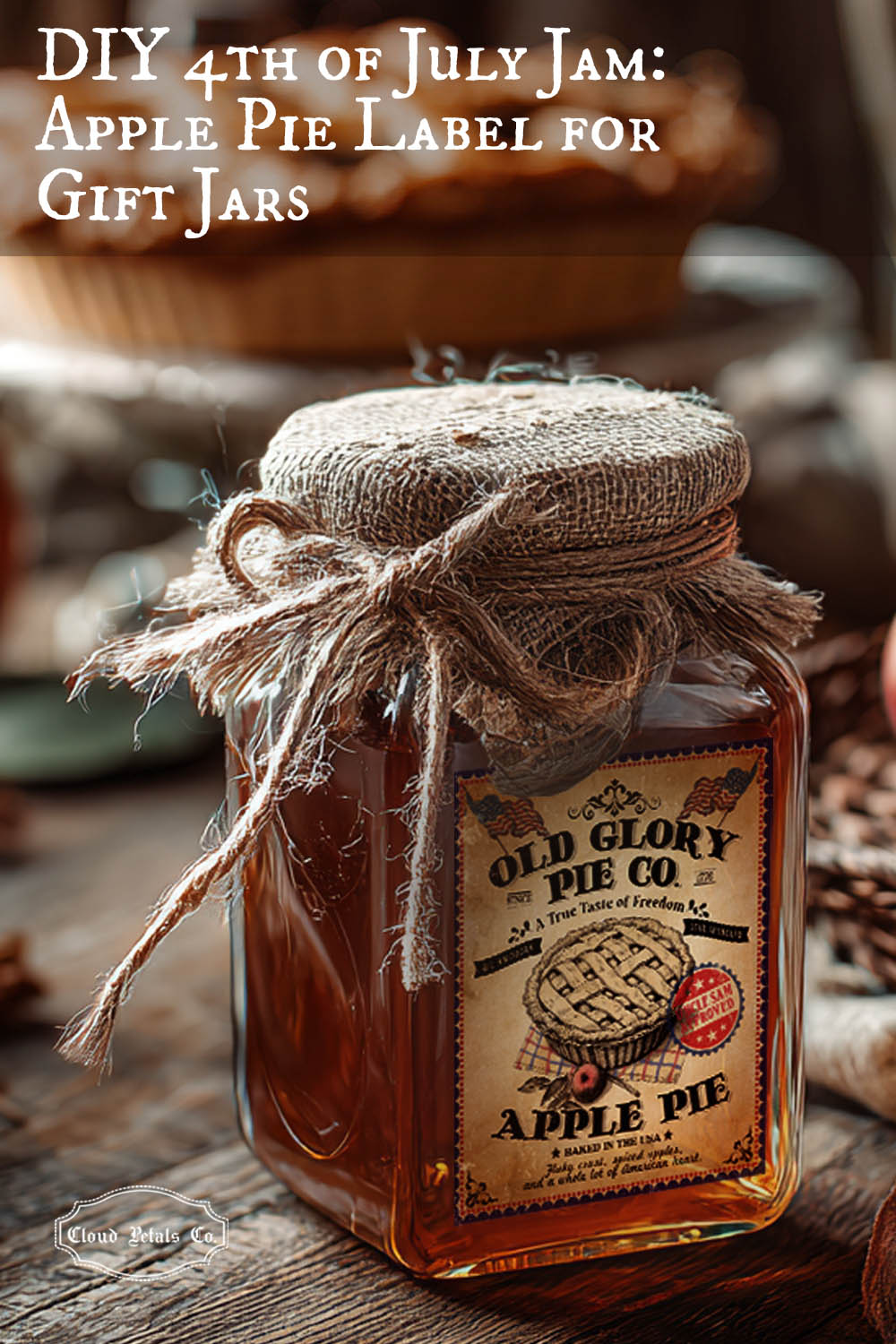 Jar of apple pie jam with a decorative label on a wooden surface