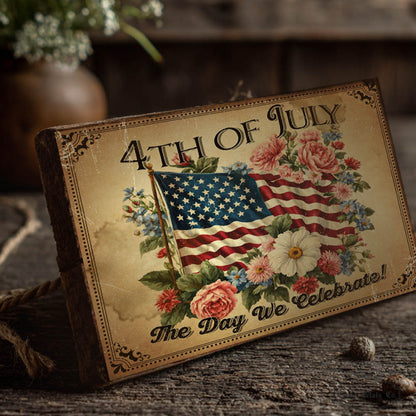 Decorative sign with American flag and flowers on a rustic background