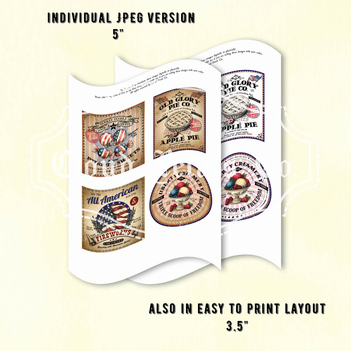 Collection of vintage-style product labels on a white background with text indicating size options.