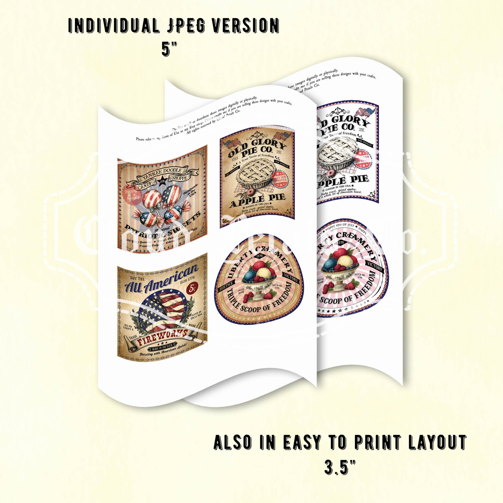 Collection of vintage-style product labels on a white background with text indicating size options.