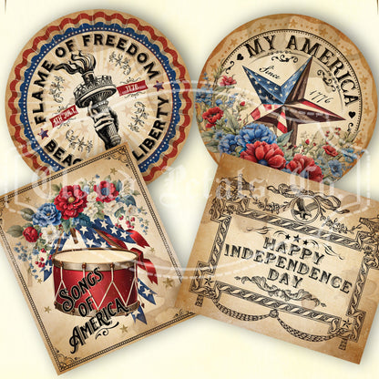 A collection of four vintage style 4th of July labels with various patriotic designs including a liberty bell, a star with the American flag, a bucket with stars, and text reading 'Happy Independence Day'.