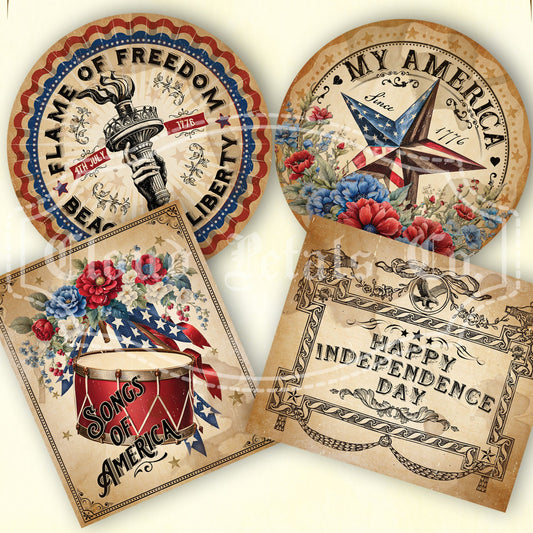 A collection of four vintage style 4th of July labels with various patriotic designs including a liberty bell, a star with the American flag, a bucket with stars, and text reading 'Happy Independence Day'.