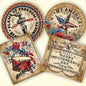 A collection of four vintage style 4th of July labels with various patriotic designs including a liberty bell, a star with the American flag, a bucket with stars, and text reading 'Happy Independence Day'.
