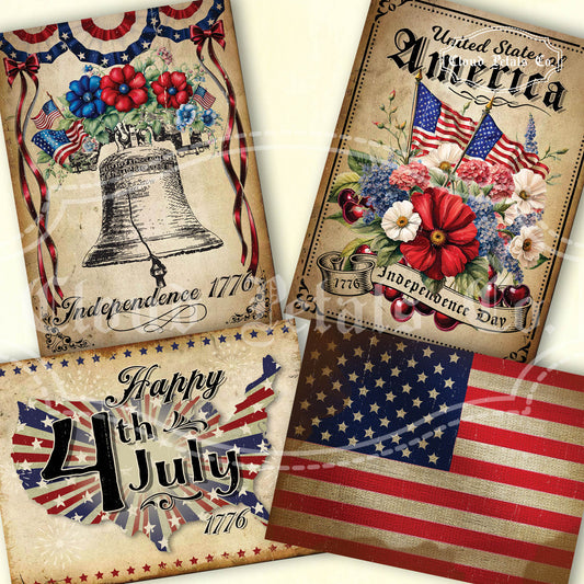 Four Independence Day-themed cards with American flags, flowers, and the Liberty Bell.