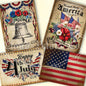 Four Independence Day-themed cards with American flags, flowers, and the Liberty Bell.