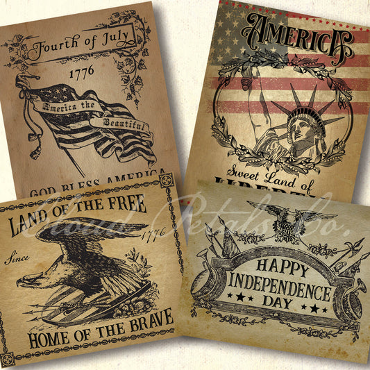 Fourth of July themed labels with vintage-style graphics on a beige background.