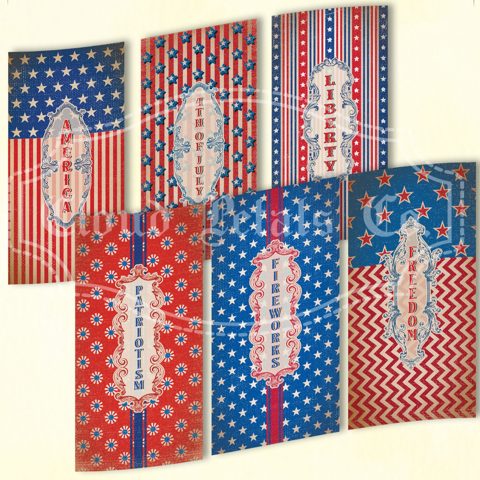 Vintage-style 4th of July long labels with patriotic designs on a beige background.