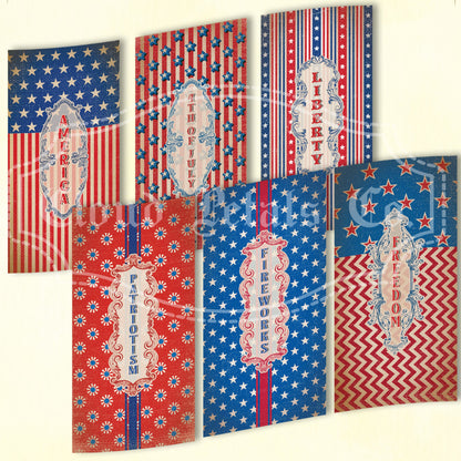 Vintage-style 4th of July long labels with patriotic designs on a beige background.