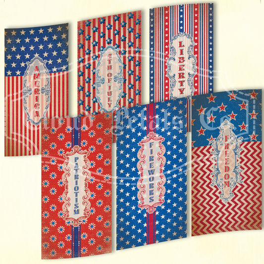 Vintage-style 4th of July long labels with patriotic designs on a beige background.