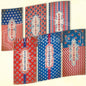 Vintage-style 4th of July long labels with patriotic designs on a beige background.
