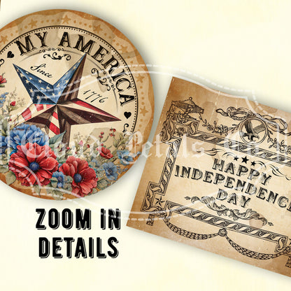 Vintage 4th of July Labels – Liberty Torch, Patriotic Drum, Star & Greeting