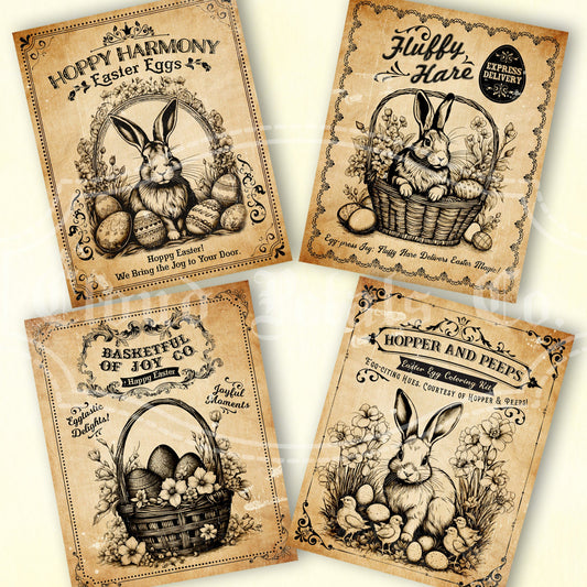 Set of vintage-style Easter bunny labels with decorative text and illustrations on a light background.