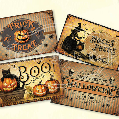 A set of four vintage-style Halloween labels featuring pumpkins, a black cat, and Halloween-themed phrases like 'Trick or Treat', 'Hocus Pocus', 'Boo', and 'Happy Haunting'.