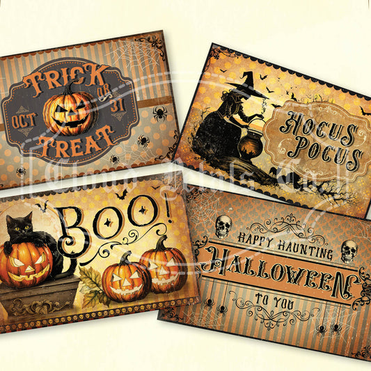 A set of four vintage-style Halloween labels featuring pumpkins, a black cat, and Halloween-themed phrases like 'Trick or Treat', 'Hocus Pocus', 'Boo', and 'Happy Haunting'.