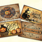 A set of four vintage-style Halloween labels featuring pumpkins, a black cat, and Halloween-themed phrases like 'Trick or Treat', 'Hocus Pocus', 'Boo', and 'Happy Haunting'.