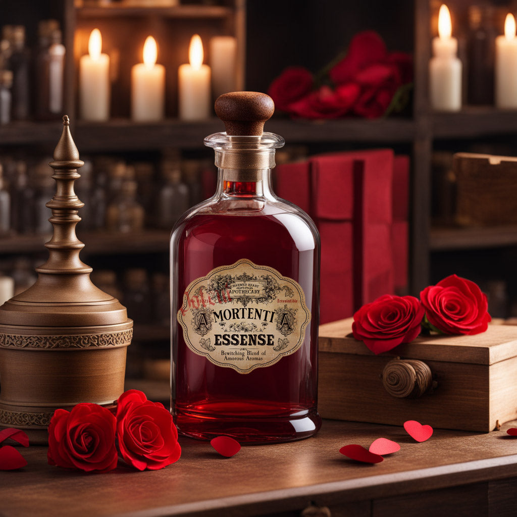 Vintage-style bottle of 'A Mortenti Essence' with red roses and candles in the background