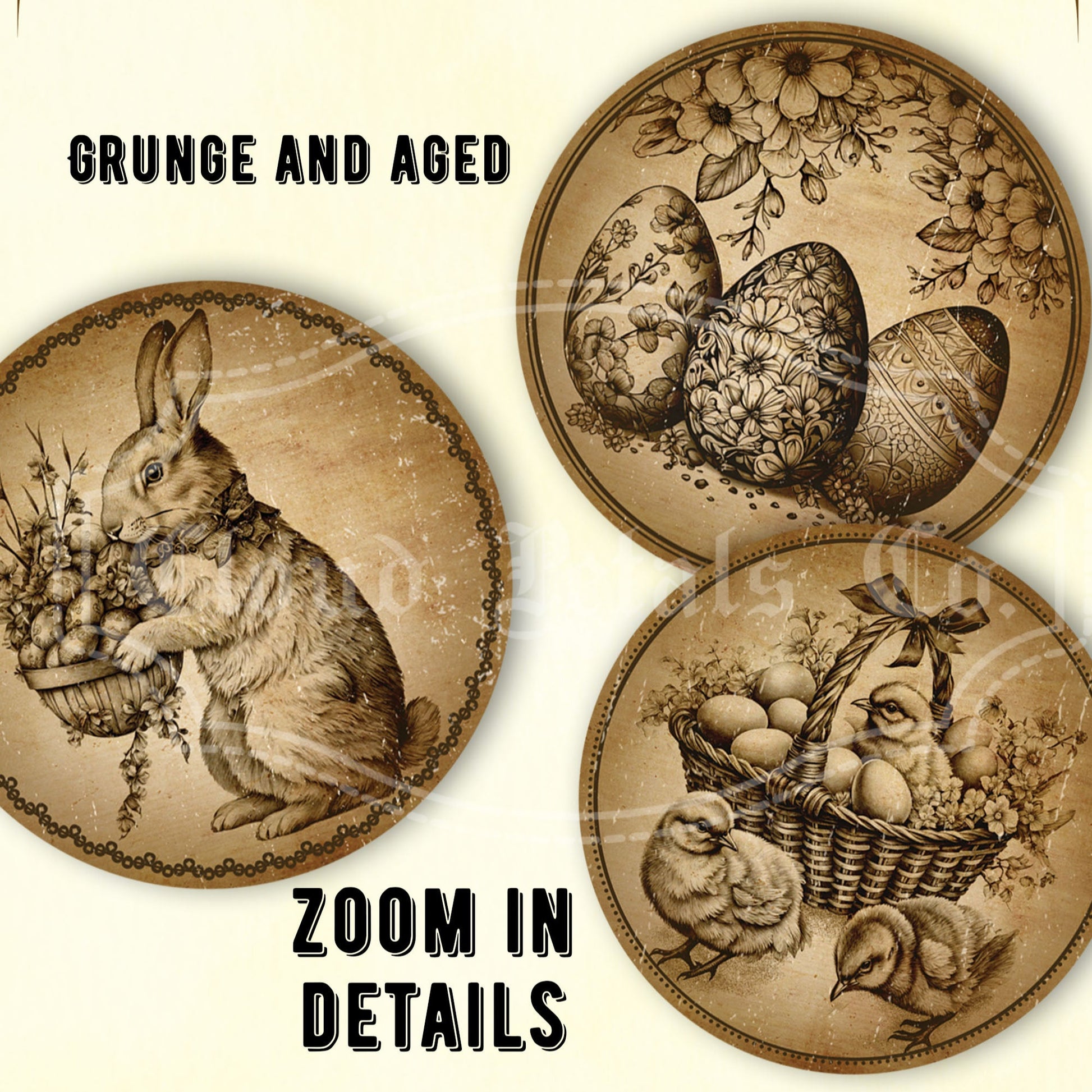 Vintage-style Easter round tags with rabbit, eggs, and chick illustrations on a beige background.