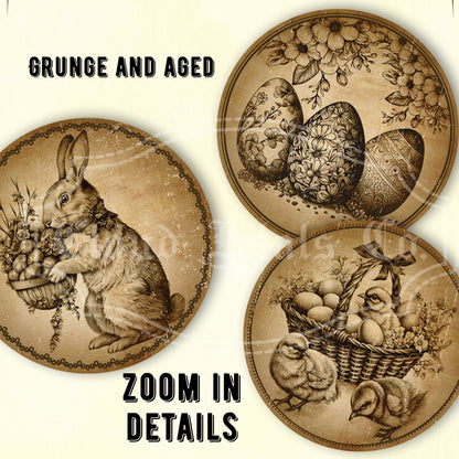 Vintage-style Easter round tags with rabbit, eggs, and chick illustrations on a beige background.