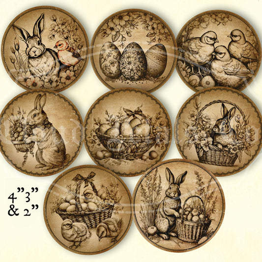 Vintage-style Easter round tags with illustrations of bunnies, eggs, and baskets on a beige background.