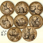 Vintage-style Easter round tags with illustrations of bunnies, eggs, and baskets on a beige background.