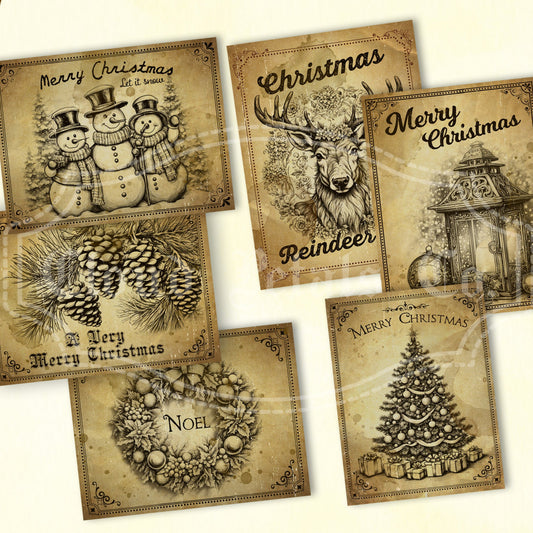 Vintage-style Christmas labels with decorative elements on a white background