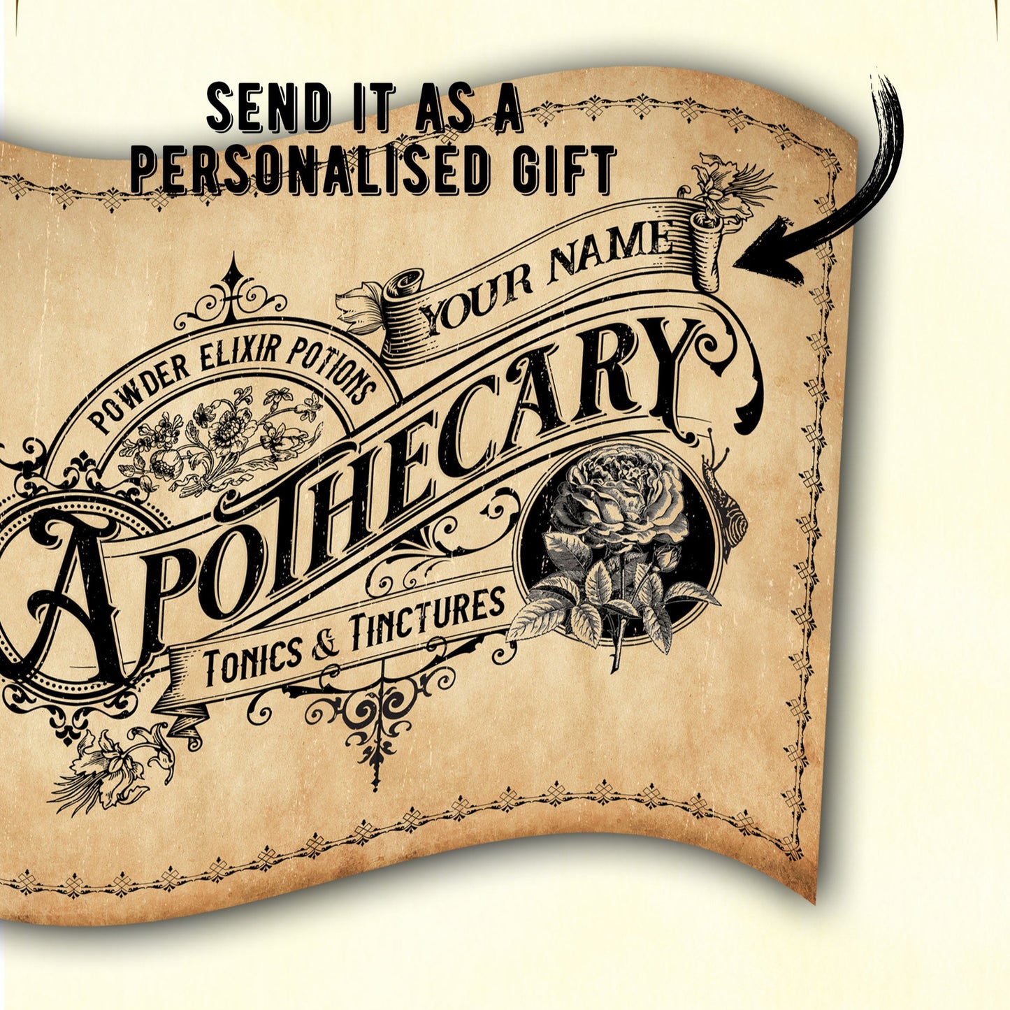 Vintage apothecary sign with personalized text on a beige background