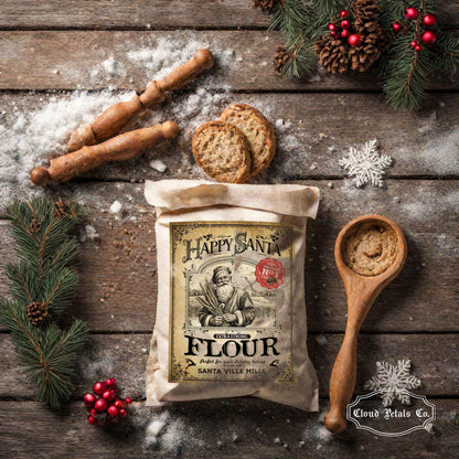 Bag of Happy Santa Flour on a wooden table with holiday decorations