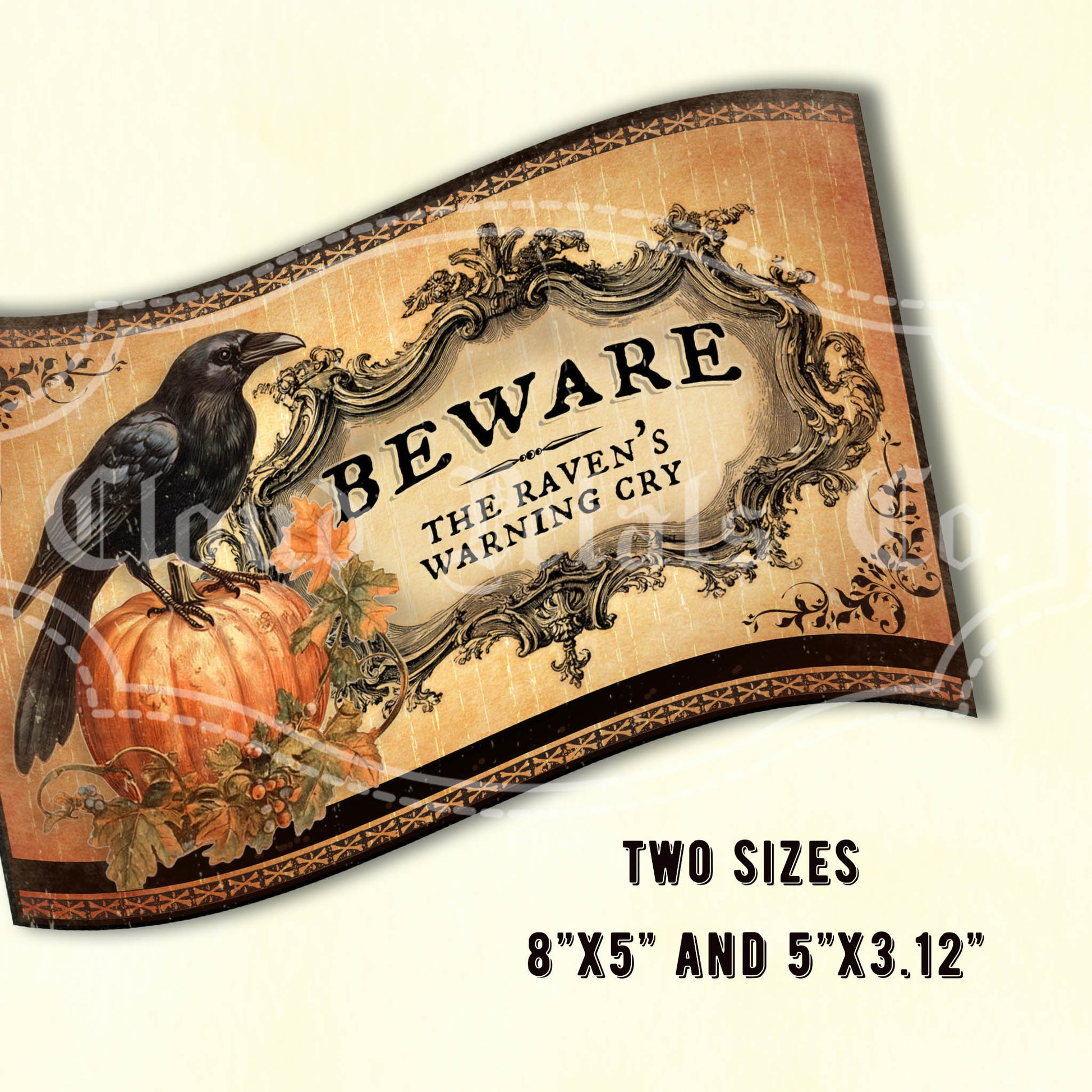 Decorative Halloween sign with a crow, pumpkin, and text on a beige background