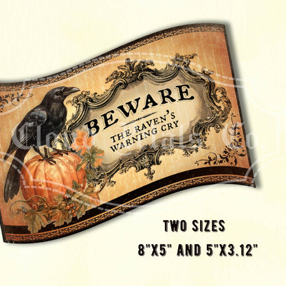 Decorative Halloween sign with a crow, pumpkin, and text on a beige background