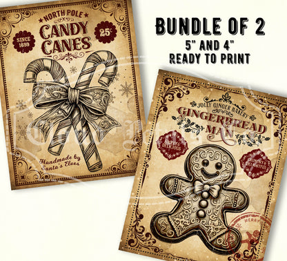 Two vintage-style printables featuring candy canes and a gingerbread man on a beige background.