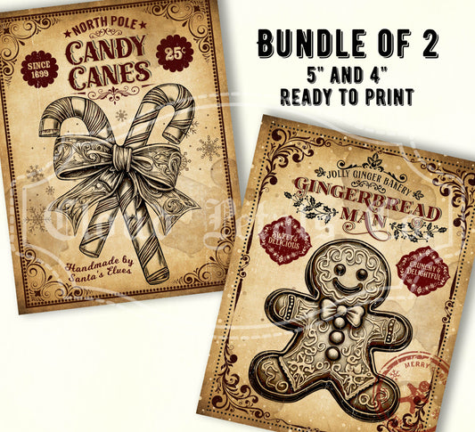Two vintage-style printables featuring candy canes and a gingerbread man on a beige background.
