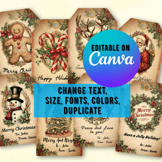 Vintage-style Christmas tags with editable text on a white background