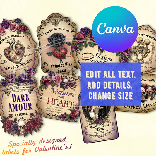 Vintage Gothic style Valentine's labels with Canva branding on a white background