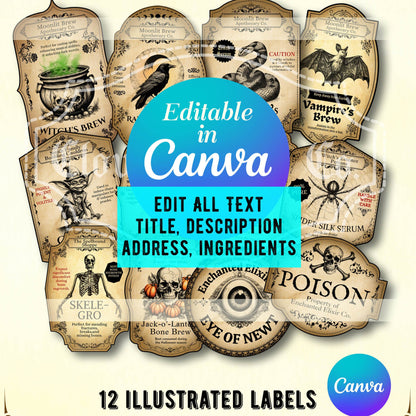 Vintage-style Halloween editable labels in Canva with decorative text and illustrations.
