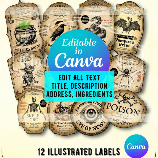 Vintage-style Halloween editable labels in Canva with decorative text and illustrations.