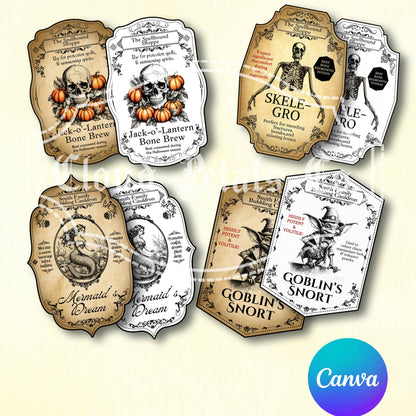 Vintage-style Halloween labels with editable options in Canva on a beige background.