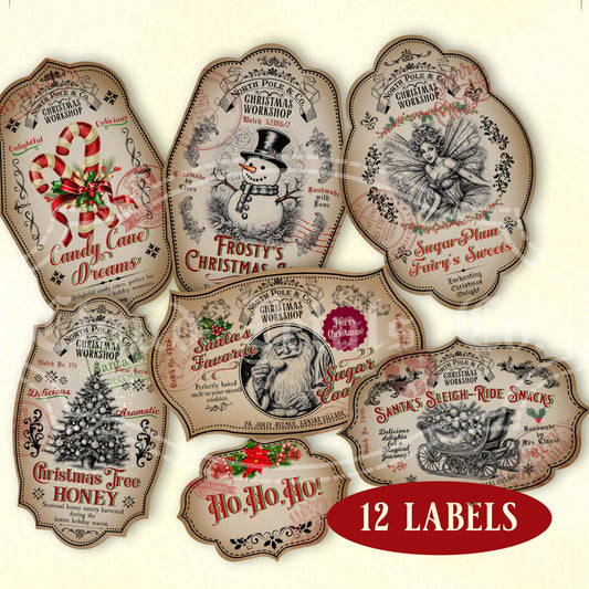 Vintage-style Christmas labels with decorative designs on a beige background.