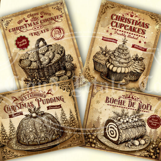 Vintage-style Christmas labels featuring desserts on a white background.