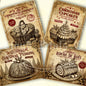 Vintage-style Christmas labels featuring desserts on a white background.